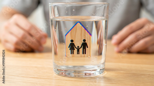 Family Icon in Wooden House Inside Glass of Water for Financial Concept