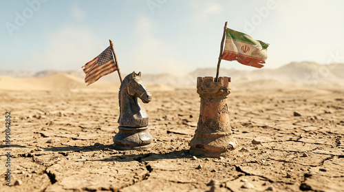 US and Iran Flags on Chess Pieces in Cracked Desert Landscape Strategy