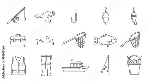 Fishing Gear and Equipment Line Icons Collection: Rod, Lure, Net, Boat, Tackle Box, and Apparel for Angling Sport