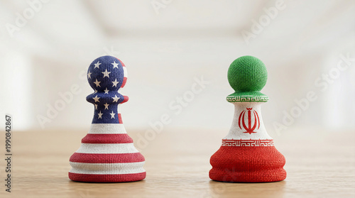 USA and Iran Flag Chess Pawns Facing Each Other on Neutral Wood Background