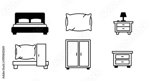 Simple bedroom furniture line icons. Home interior collection with bed, pillow, nightstand, wardrobe, and dresser vector graphic set.