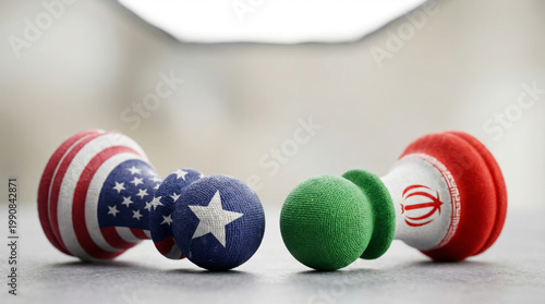 Toppled USA and Iran Flag Chess Pawns Representing Geopolitical Instability