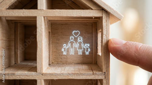 Finger Pointing at Glowing Family Icon Inside a Wooden Model House Frame