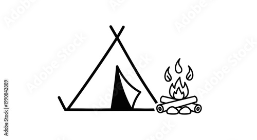 Simple vector icon of a camping tent and campfire, representing outdoor adventure, nature exploration, and recreational travel