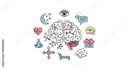 Brain with various thought and emotion icons.