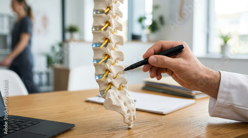 Orthopedic specialist showing human spine model on desk for education