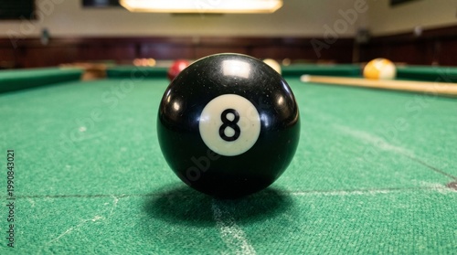 Eight Ball Focus: A close-up shot of the iconic eight ball resting on a vibrant green felt pool table, capturing the anticipation and precision of the game.