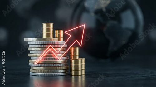 Stacks of coins and oil barrels with rising red arrow for energy price