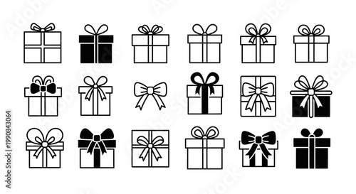 Collection of diverse black and white gift box icons, simple line art and solid designs with bows for presents.