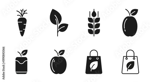 Organic food and natural products icon set. Includes carrot, leaf, wheat, fruit, apple, eco-friendly bag, and sustainable beverage symbol.
