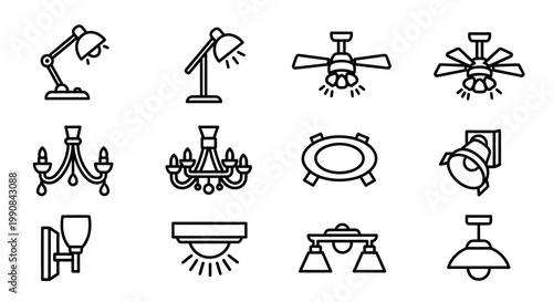 Lighting fixtures line icons set. Outline vector illustrations of desk lamps, ceiling fans, chandeliers, spotlights, and pendant lights for home.