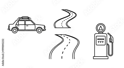 Road Trip and Travel Outline Vector Icons. Car with Roof Rack, Winding Roads, and Gas Pump. Journey, Transportation, Fuel Concept.