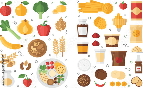 Balanced Diet Food Collection with Fruits, Vegetables, Grains, Snacks and Drinks, Healthy Nutrition Elements for Meal Planning and Colorful Vector Illustration.