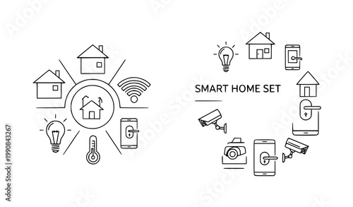 Minimal smart home icon set thin line house automation and IoT symbols vector isolated on white background