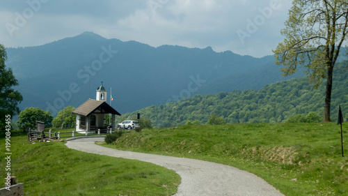 small chapel in strona valley during spring in piedmont, italy