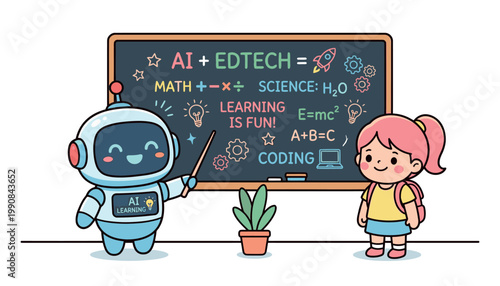 Robot teacher and student in classroom.