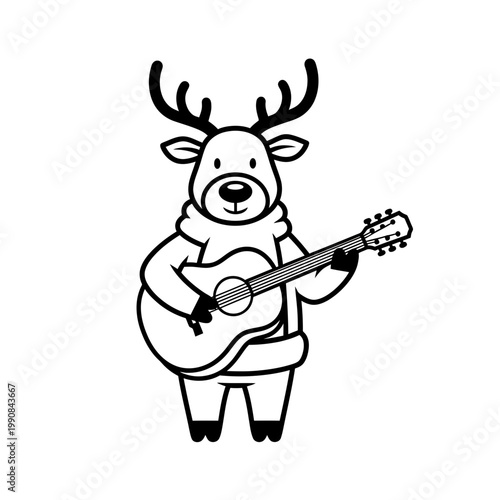 Cute Reindeer Playing Acoustic Guitar Christmas Vector Illustration