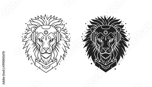 Cybernetic lion head digital artwork with futuristic headphones and tech details in outline and solid black vector illustration for gaming or modern brand identity