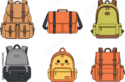 Cute and Colorful Backpack Collection Set with School, Travel, Hiking and Kids Bags in Flat Cartoon Vector Illustration