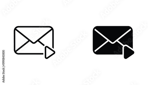 Email message icon set with play button in outline and solid black styles for video email marketing and communication