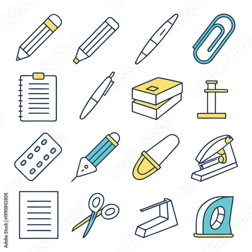Office supplies icons including pencils, pens, paperclip, clipboard, books, stapler, and more
