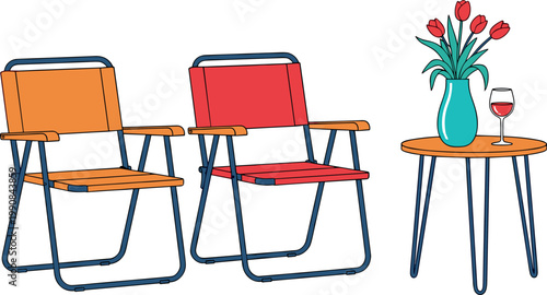 Set of outdoor folding camping chairs and a small wooden side table with flower vase and wine glass isolated vector illustration