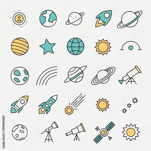 A set of colorful space icons including planets, stars, rockets, and telescopes on a light gray background