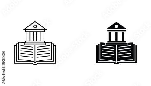 Educational institution icon featuring classical building structure placed on open book in outline and solid black vector styles for academic and library branding on white background