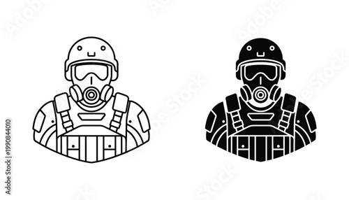 Hazmat specialist in protective gear with gas mask and helmet icon in outline and solid black vector styles for safety and industrial hazard communication on white background
