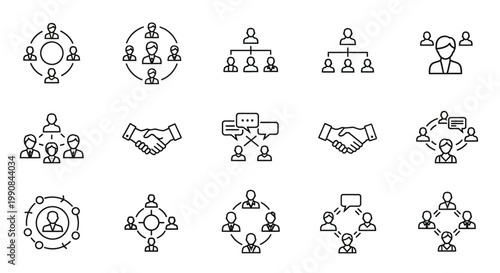 Black and white line icons of business teamwork and partnership.