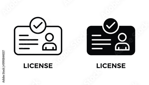 Professional identification card license badge icons in outline and solid black styles with checkmark symbol for verification and security authentication concepts isolated on white background