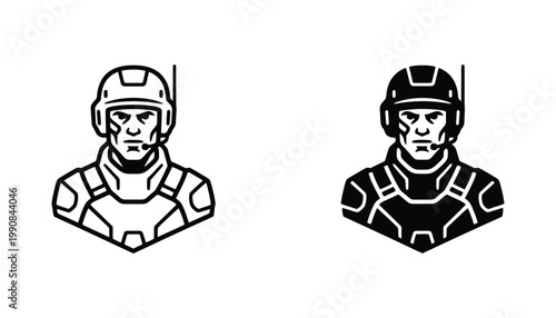 Tactical soldier bust icon featuring military helmet and headset in outline and solid black vector styles for security and defense related graphics isolated on clean white background