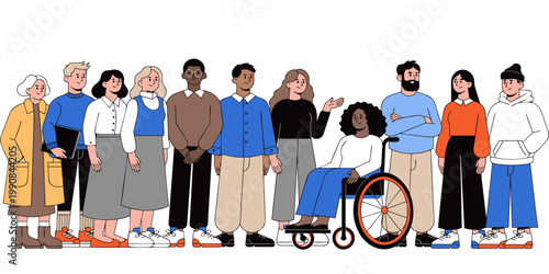 An illustration of eleven diverse people standing together, including one person in a wheelchair, symbolizing inclusion.