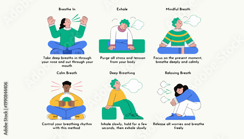 Illustrated guide of breathing techniques showing people practicing mindful inhale exhale and relaxation exercises for mental balance and stress relief