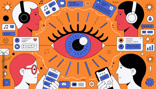 Illustration of attention economy showing people consuming and creating digital content around central eye with social media messages and multimedia interaction