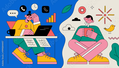 Person balancing digital work and mindfulness practices with laptop notifications and calm meditation representing healthy tech life balance