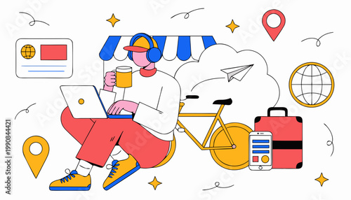 Freelancer working remotely with laptop and coffee in solo economy lifestyle surrounded by travel icons and creative digital nomad elements