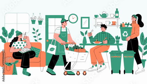 People practicing sustainable lifestyle at home with recycling composting and eco friendly habits in modern green living environment