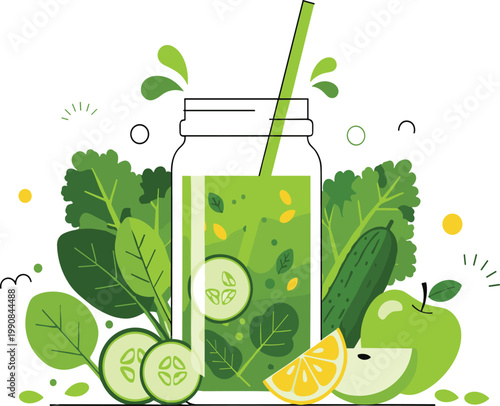 Green Detox Juice with Cucumber, Apple and Leafy Vegetables, Healthy Smoothie Drink for Clean Eating, Nutrition and Organic Lifestyle Vector Illustration.