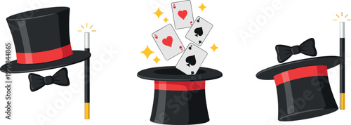 Magic hat with playing cards wand and bow tie magician trick illustration