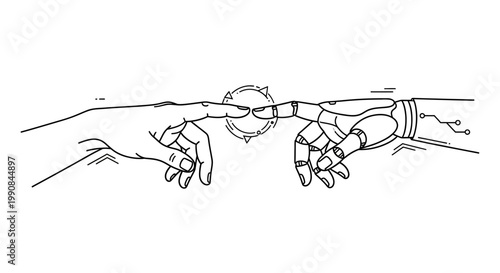 Human and robotic hands reaching out to connect.