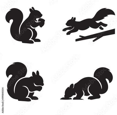 Four squirrel silhouette icons showing sitting leaping nibbling and ground sniffing poses in simple black design