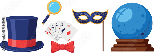 Magician accessories set with hat mask cards magnifier bowtie and crystal ball