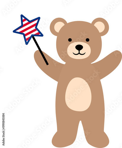 Patriotic brown teddy bear flat vector Illustration.
Cute patriotic teddy bear is holding a star wand with an American flag pattern.
Transparent background. svg.
