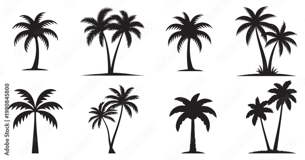 Fototapeta premium Group of tropical palm trees, black silhouette vector set for island and beach designs. vector illustration eps 10