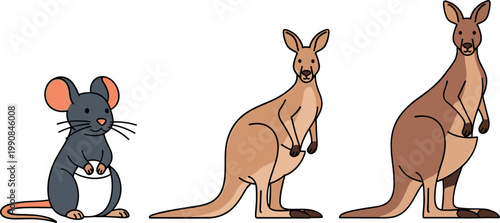 Cute Cartoon Mouse and Two Kangaroos Standing Isolated on White Background for Wildlife, Australian Animal, and Nature Designs