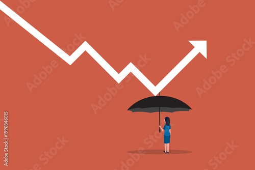 Economic recovery from crisis, business protection or stock market bounce back from recession concept, smart confidence business woman holding strong umbrella to recover white arrow economic graph