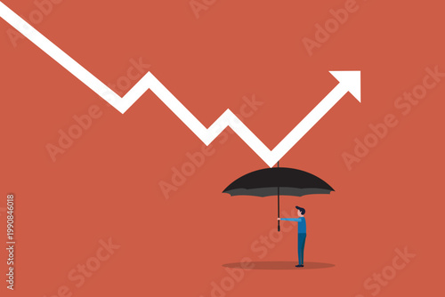 Economic recovery from crisis, business protection or stock market bounce back from recession concept, smart confidence businessman holding strong umbrella to recover white arrow economic graph