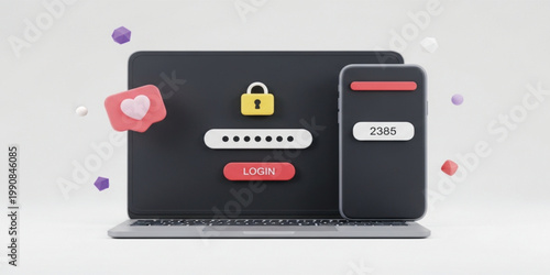 Secure Digital Login Concept with 3D Laptop and Smartphone UI Featuring Two Factor Authentication 2FA Verification Password Protection and Safety Padlock for Web Security Designs