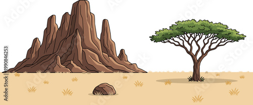 Cartoon Style African Savanna Landscape with Rocky Mountain Formation and Acacia Tree on Sandy Ground Isolated on White Background for Wildlife and Nature Designs